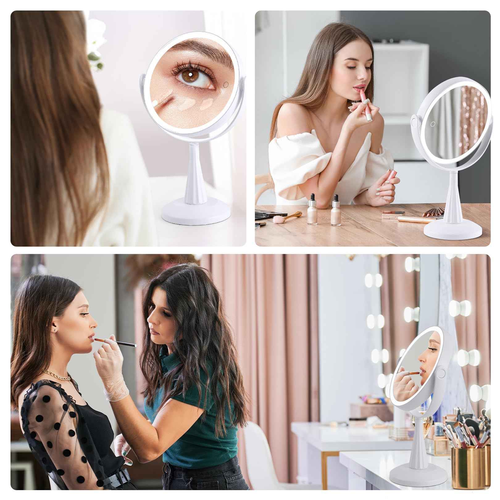LUKYMIRO 1X 10x Magnifying Mirror with Lights, Double Sided 8" Lighted Makeup Mirror, Rechargeable, 360 Degree Rotation, White Plastic Frame, 8.6" L x 8.6" W x 13.8" H, Modern, Bathroom, Beauty, Home