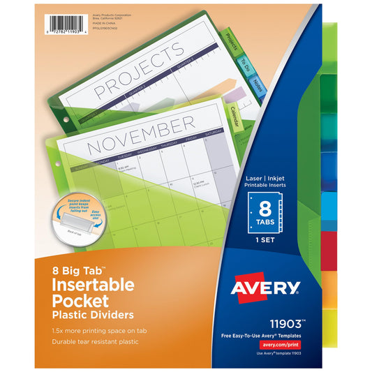 Avery Dividers for 3 Ring Binders, 8-Tab Binder Dividers, Plastic Binder Dividers with Pockets, Insertable Big Tabs, Multicolor, Works with Sheet Protectors, 24 Sets (11903)