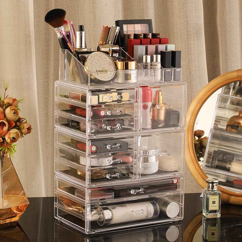 Cq acrylic Clear Makeup Storage Organizer Care Large Cosmetic Display Cases Stackable Storage Box With 10 Drawers For Dresser,Pack of 1