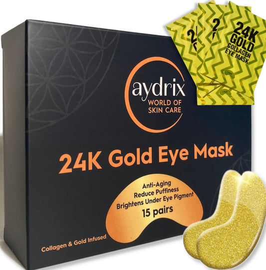 Aydrix 24K Gold Under Eye Mask Treatment - Corrects Puffy Eyes, Dark Circles - Reduces Wrinkles, Fine Lines and Hydrates Your Skin - 15 Golden Eye Mask Pairs