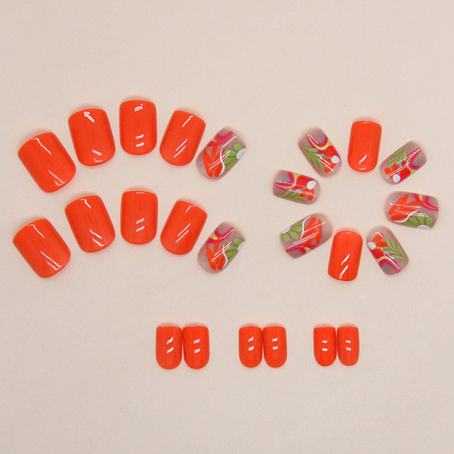 Summer Press on Nails Square False Nails with Colorful Flower Designs Short Fake Nails Orange Nails Press ons Cute Acrylic Nails Glossy Glue on Nails Artificial Stick on Nails for Women 24 Pcs