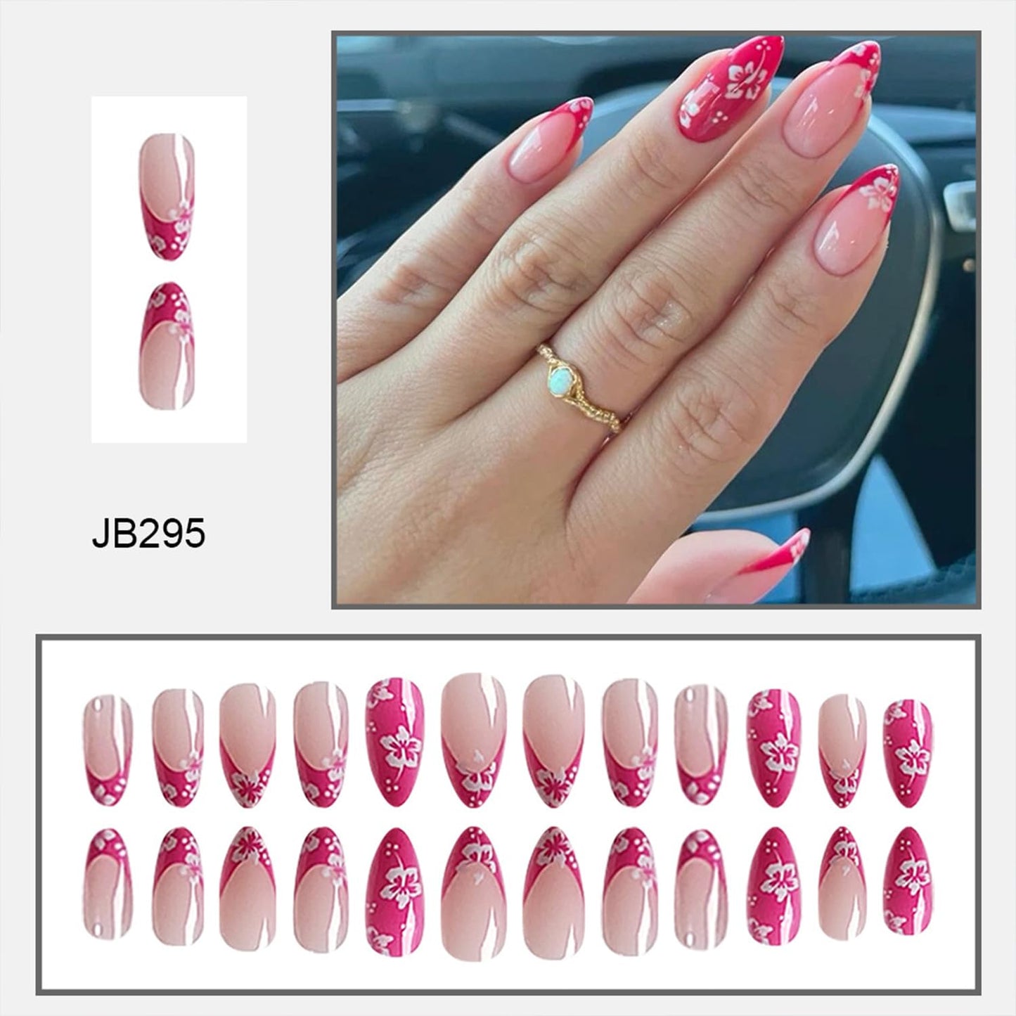 Tyuimhx Red French Tip Press on Nails Medium Almond Fake Nails with Flowers Designs Floral False Nails Full Cover Stick on Nails Acrylic Artificial Nails for Women Glue on Nails 24Pcs