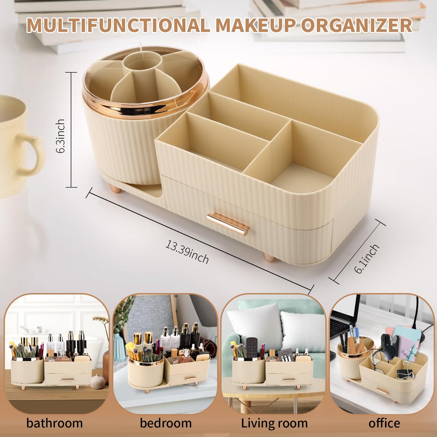 Molutsody Makeup Organizer for Vanity, Cosmetic Display Case with Drawers, Fits Makeup, Skincare Products, Brushes, Lipsticks, and Other Accessories, Versatile Storage Solution (Cream)