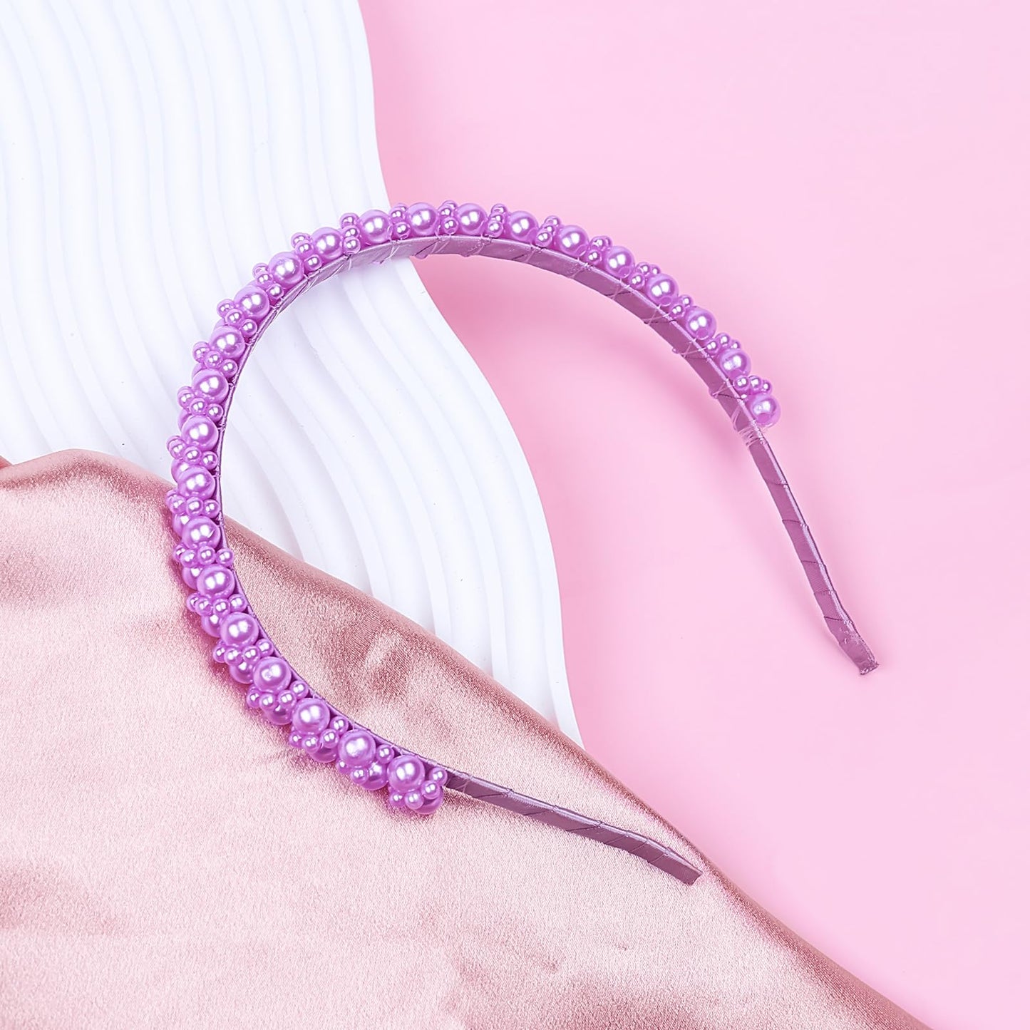 Doneace Pearl Headband for Women Girls, Purple Beaded Headband Elegant Pearl Hair Accessory for Wedding Bride Party Birthday