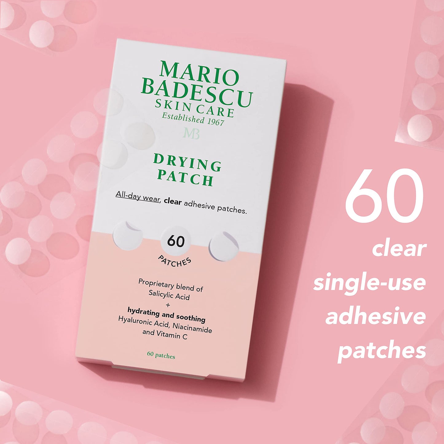 Mario Badescu Drying Patch Blemish Covering, Invisible Spot Treatment, Absorbing All Day Polymer Adhesion with Vitamin C, Vegan & Cruelty Free, Strong Hold (60 Patches, 12mm), Clear