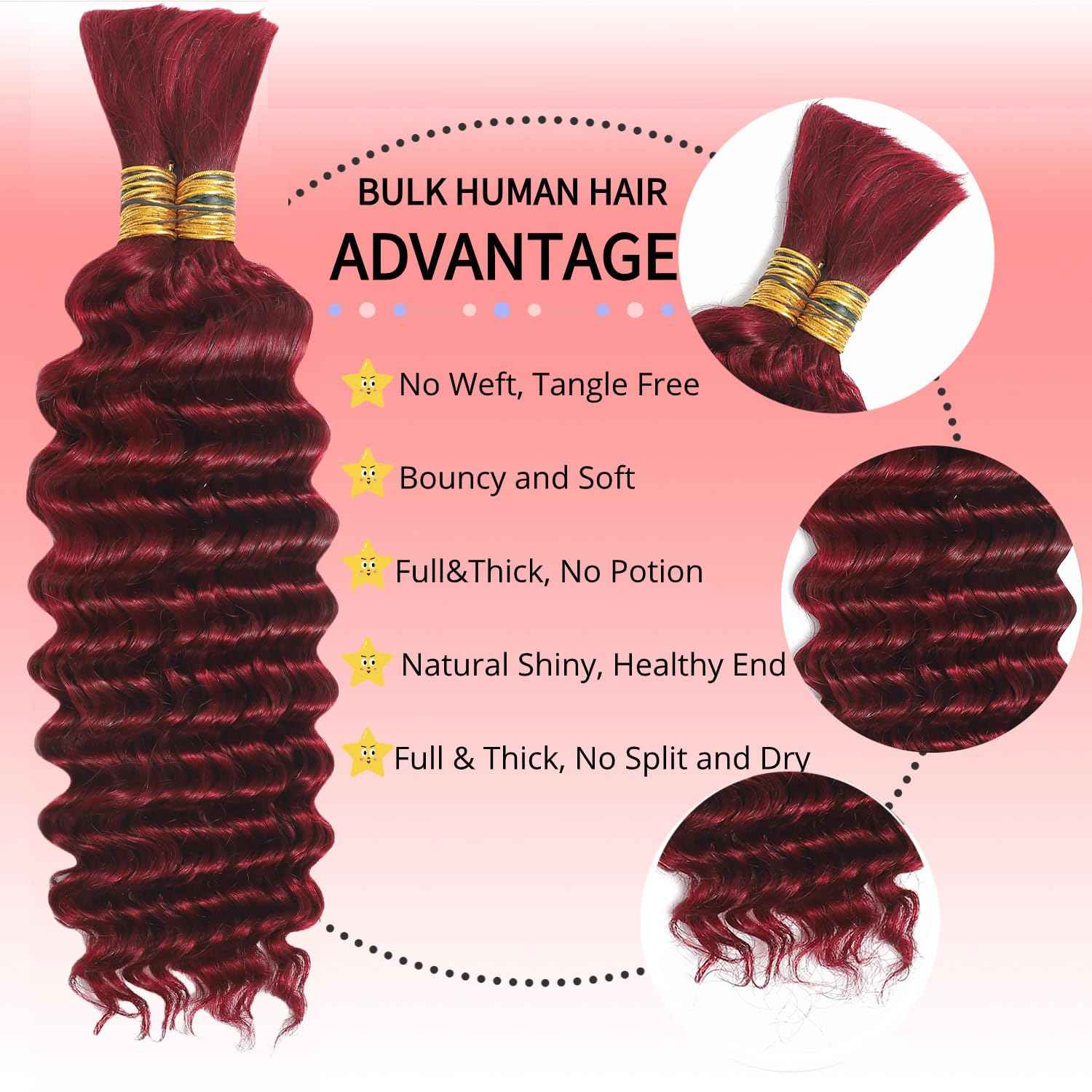 99J Burgundy Human Braiding Hair For Boho Braids 100g Deep Wave Bulk Human Hair for Braiding 12A No Weft Curly Human Hair Extensions Wet and Wavy Boho Hair for Braiding (99J-Deep Wave, 20 Inch)