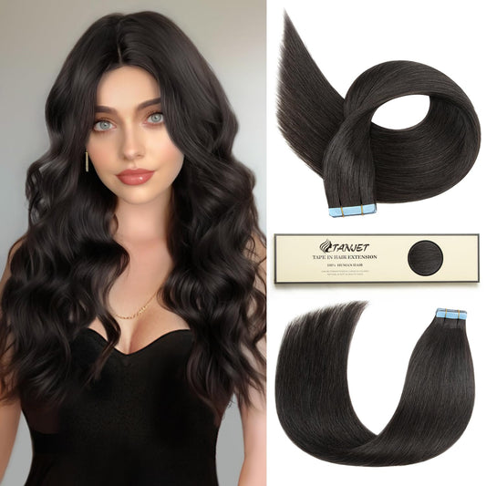 TANJET Tape in Hair Extensions Human Hair Natural Black 20 Inch Straight Seamless Invisible Skin Weft Thick Soft Silky Off Black Human Hair Extensions Tape (#1B 20 Inch 50g/Pack 20pcs)