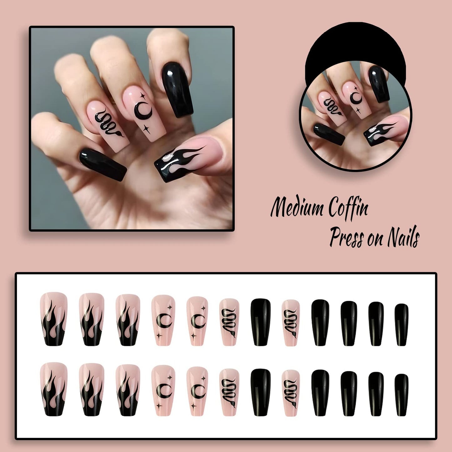 FOAMEE Medium Press on Nails Coffin Gothic Fake Nails with Designs Acrylic Glossy Black False Nails for Women