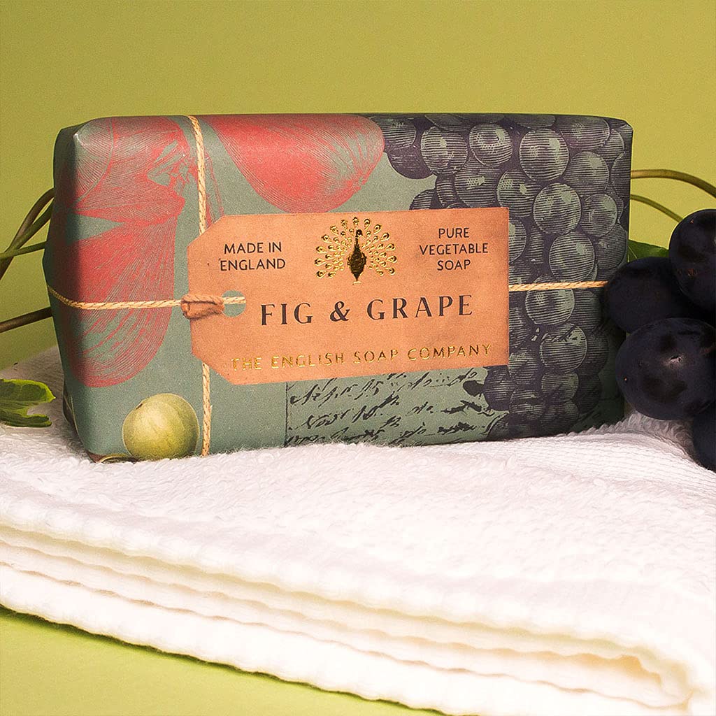 The English Soap Company Anniversary Wrapped Soap Bar, Luxury Fig Shea Butter Soap Bar, Moisturising Soap Bar for Face and Body, Fig and Grape Scent 190g