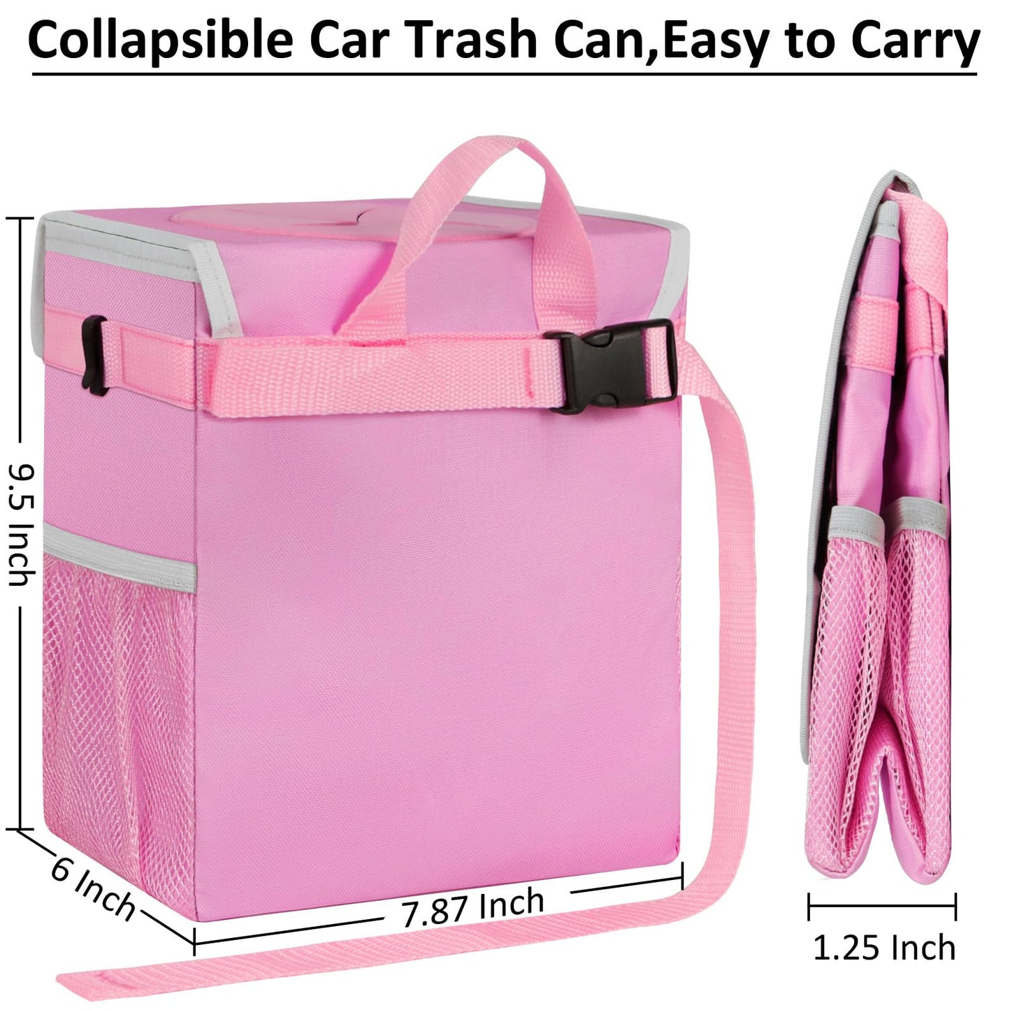 ELONGRIVER Car Trash Can for SUVs, Trucks, Vans - Pink, 2 Gallons Capacity, Leak-Proof Liner, Utility Clasps, Cute Design