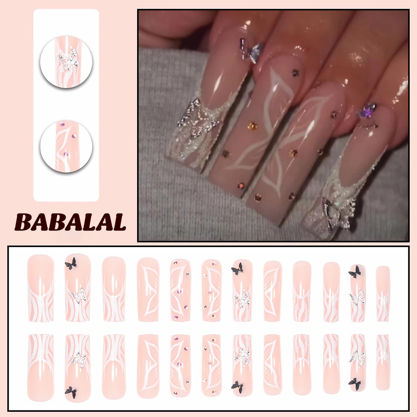 BABALAL Square Press on Nails Long Fake Nails White French Tip Glue on Nails Swirl Glitter 3d Butterfly Charm Shiny Acrylic Nails 24Pcs Squoval Stick on False Nails