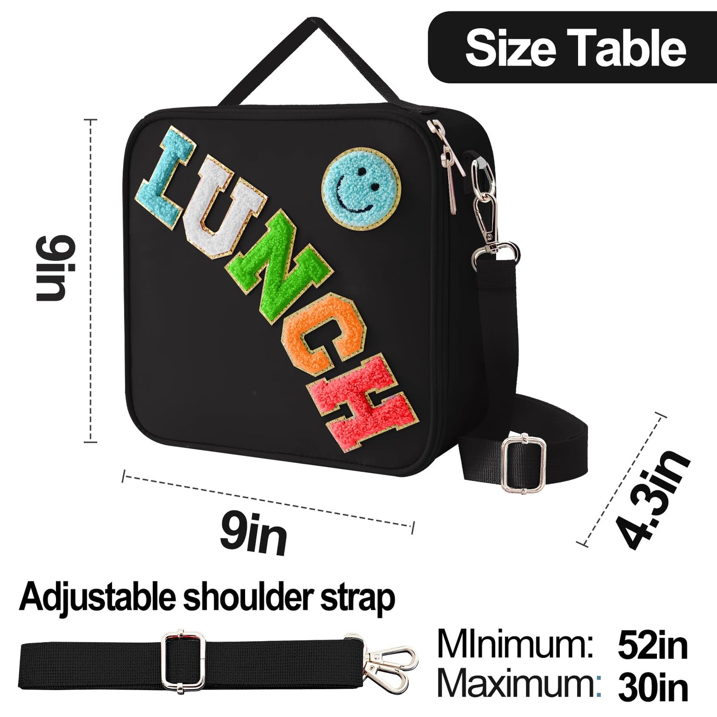 Insulated Lunch Bag With Adjustable Shoulder Strap, Nylon Preppy Lunch Box Large Insulated Lunch Bag Reusable Lunch Tote Bag with Smiley Preppy LunchBag for Girls School Travel Picnic (Black)