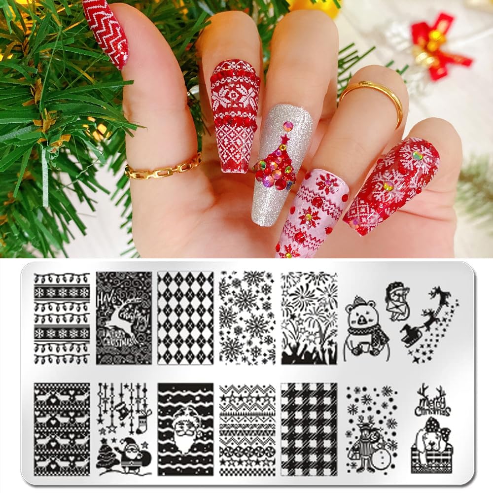 6Pcs Christmas Nail Stamper Kit Stainless Steel Image Nail Stamping Plate Christmas Snowflake Santa Claus Elk Socks Penguin Nail Stamper Templates Gel Nail Polish for DIY Christmas Nail Manicure Set