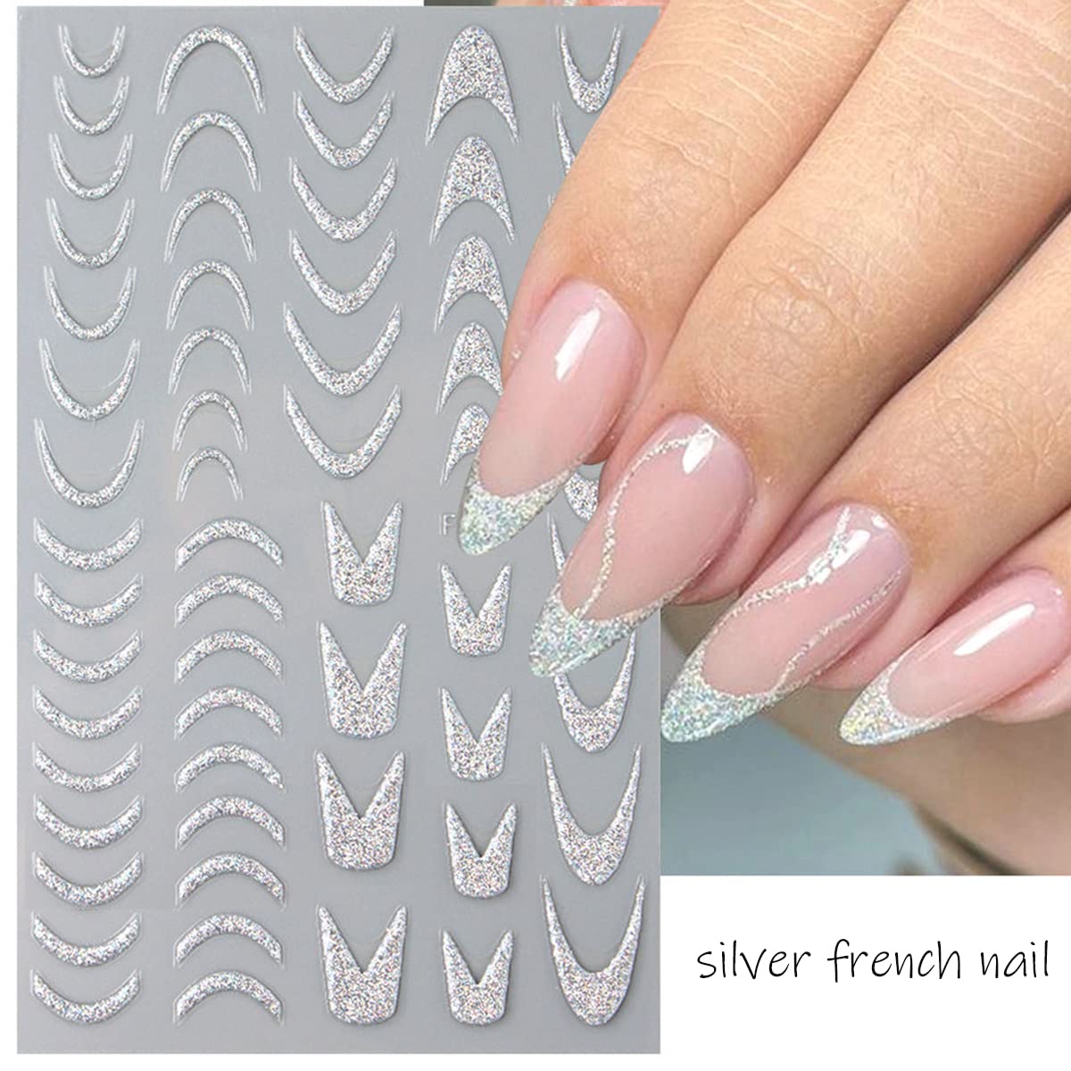 8Sheets French V-Shaped Sparkly Glitter Line Nail Stickers Star Heart Butterfly Design Reflective Silver Glitter Sticker Holographic Swirl Stripes Curve Lines Decals for Women DIY Decoration Nail Supplies