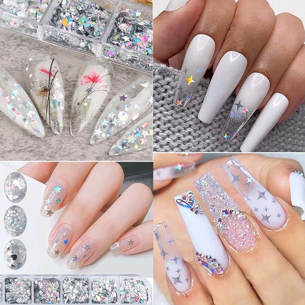 Holographic Nail Art Glitter Sequins, Shinning Heart Nail Supplies 6 Grids Laser Silver Nail Decals 3D Holographic Nail Sequin Star Moon Nail Art Sticker Confetti Flakes for Acrylic Nails Decorations