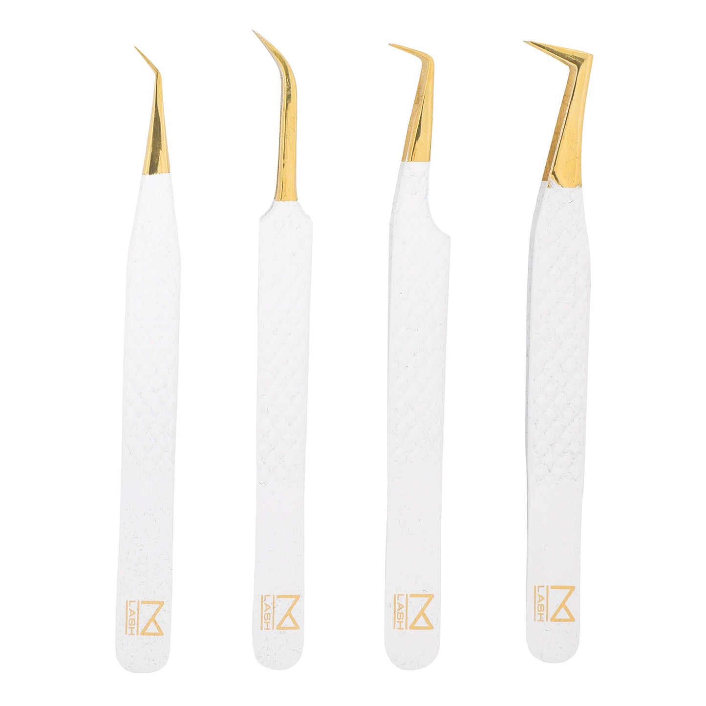 M LASH Tweezers for Eyelash Extensions (Set of 4) - Professional Lash Extension Tweezers - Fiber Tip, Japanese Steel, Diamond Grip Eyelash Extension Tweezer set (White)
