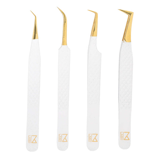 M LASH Tweezers for Eyelash Extensions (Set of 4) - Professional Lash Extension Tweezers - Fiber Tip, Japanese Steel, Diamond Grip Eyelash Extension Tweezer set (White)