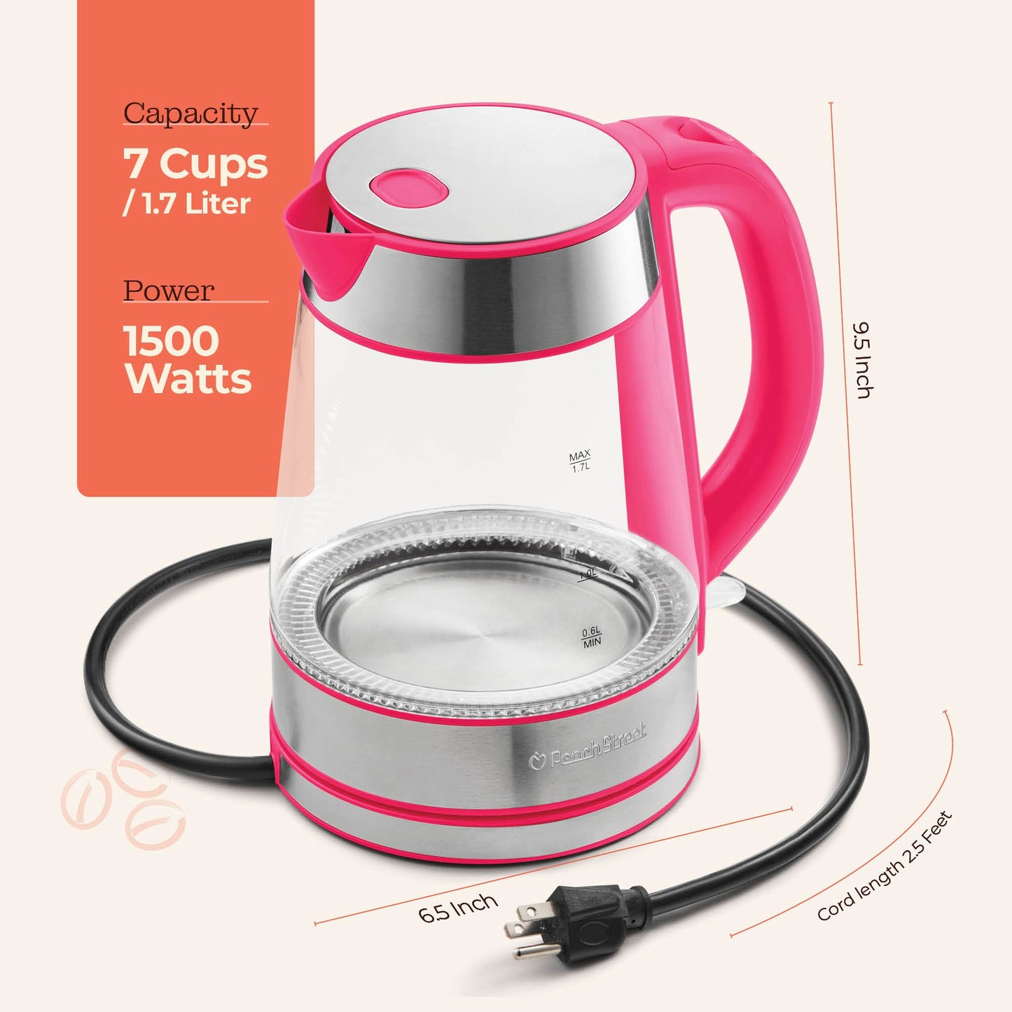 Speed-Boil Water Electric Kettle, 1.7L 1500W, Coffee & Tea Kettle Borosilicate Glass, Water Boiler, Auto Shut-Off, Cool Touch Handle, Base Detachable, LED. 360° Rotation, Boil Dry Protection