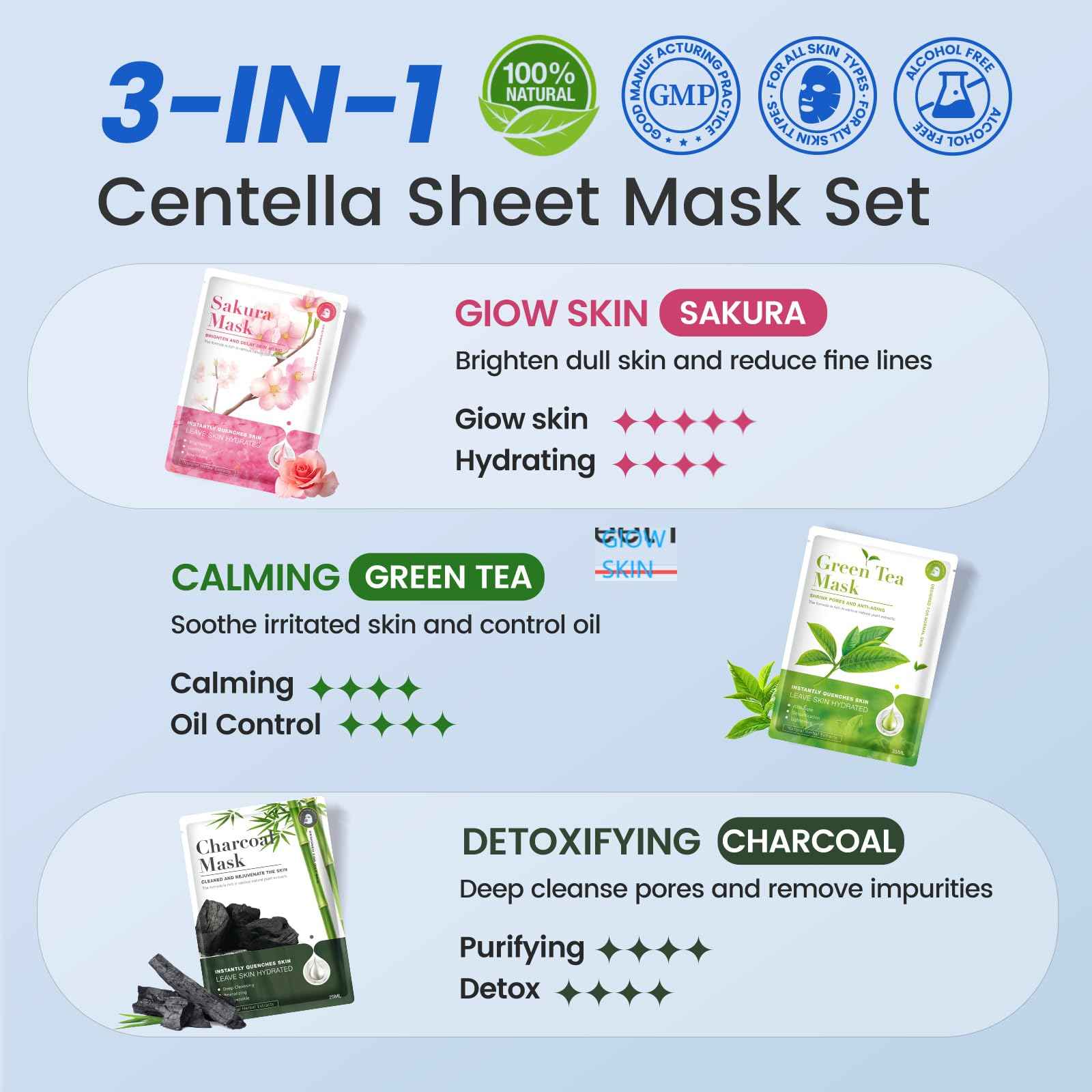 Liyawudo 18 Pack Centella Asiatica Face Mask Set – Hydrating Face Masks with Green Tea, Sakura & Charcoal | Moisturizing Facial Masks for Women | Sensitive & All Skin Types