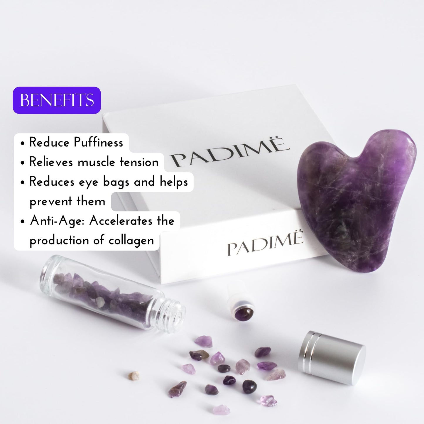 Padime 2 pcs | Premium Set Massage 2-in-1 | Amethyst Gua Sha + Glass Bottle for Oil Or Serum | Face Massage Tools for Face and Body in Beautiful Box for Gift For Women Mother Day