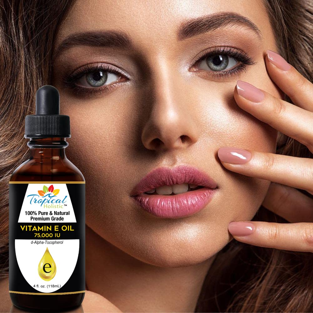 Tropical Holistic 100% Pure Vitamin E Oil (4oz / 118mL) - 75,000 IU Plant Based Natural D-Alpha Tocopherol for Hydrated Skin, Scars, Age Spot, Full Bathe Body Oil, Nails, Face & Hair