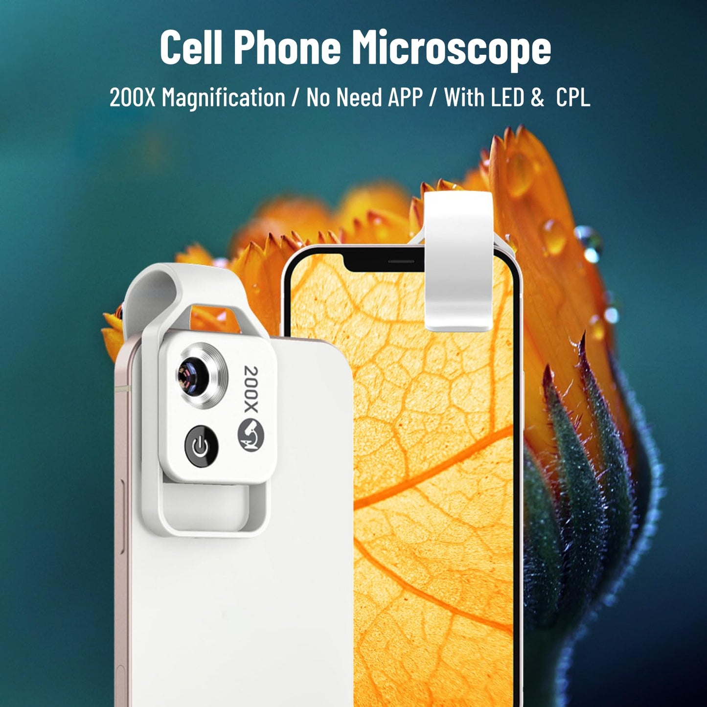 Pocket Phone Microscopes, 200X Zoom Clip On Microscopes Magnifier with CPL Lens & LED Light, Portable Microscopic Lens for iPhone for Samsung for Huawei for Google, to Enjoy Microworld(White)