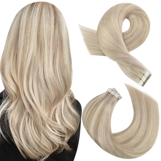 Moresoo Tape in Hair Extensions Human Hair Blonde Highlighted Hair Extensions Tape in Ash Blonde Highlighted with Bleach Blonde Hair Extensions Real Human Hair Tape in 18 Inch #P18/613 20pcs 50g