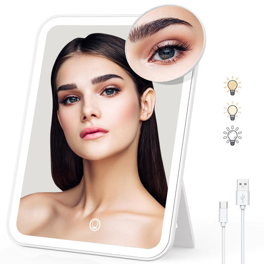 Naseto Travel Makeup Mirror with Lights & 10X Magnetic Magnification, 9.4"x6.7" Dimmable 3 Color LED Lighted Rechargeable Vanity Mirror with 360° Angle, Portable Compact Cosmetic Mirror for Women