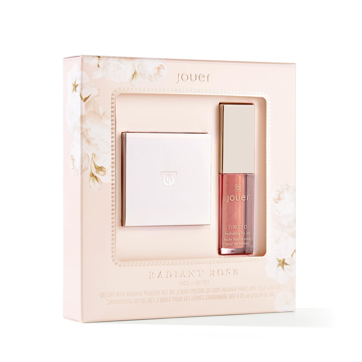 Jouer Radiant Rose Face + Lip Set, Translucent Setting Powder & Shimmer Lip Oil - Blurring Powder - Hydrating Lip Oil - Set Face Makeup