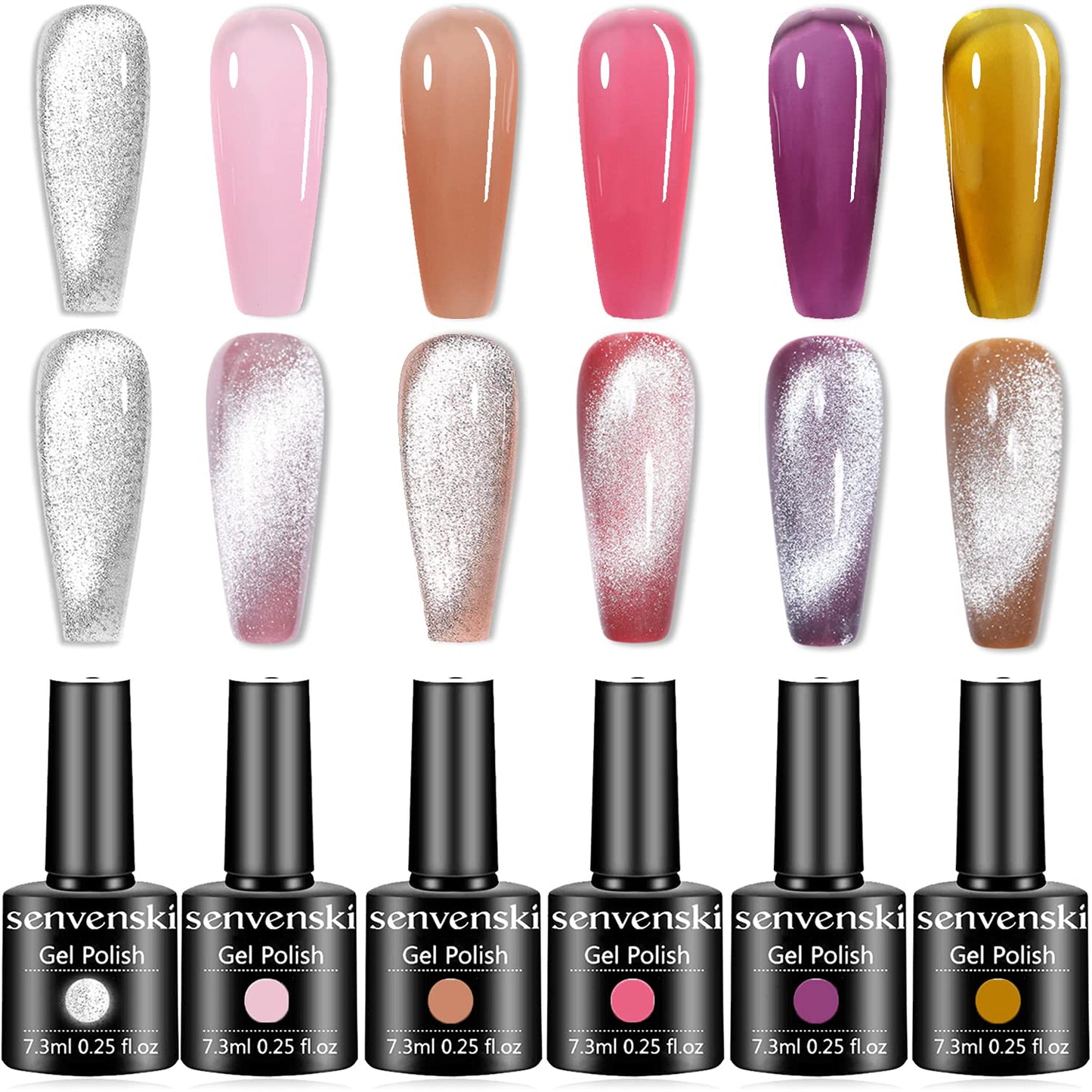 senvenski Holographic Glitter Cat Eye Gel Nail Polish Reflective Magnetic Bright Silver with 5 Colors Jelly Gel Nail Polish Sheer Clear UV LED Nail Art Gift Set Kit (MY6-001)