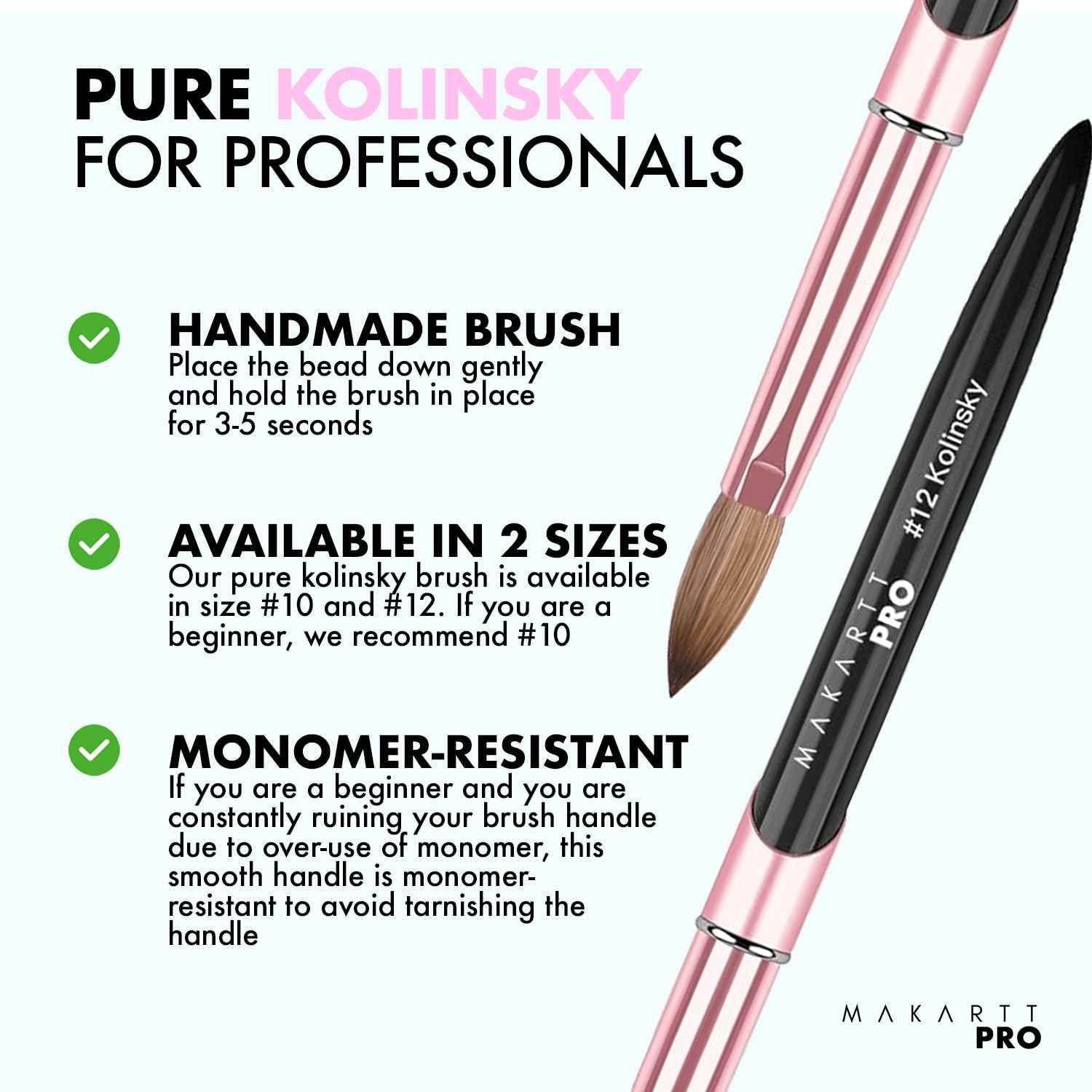 MakarttPro Premium Pure 100% Kolinsky Acrylic Nail Brush with Monomer and Acetone Resistant Handle, Pure Kolinsky Hair & Anti-Clogging Properties - Durable, Professional Quality, Size #12