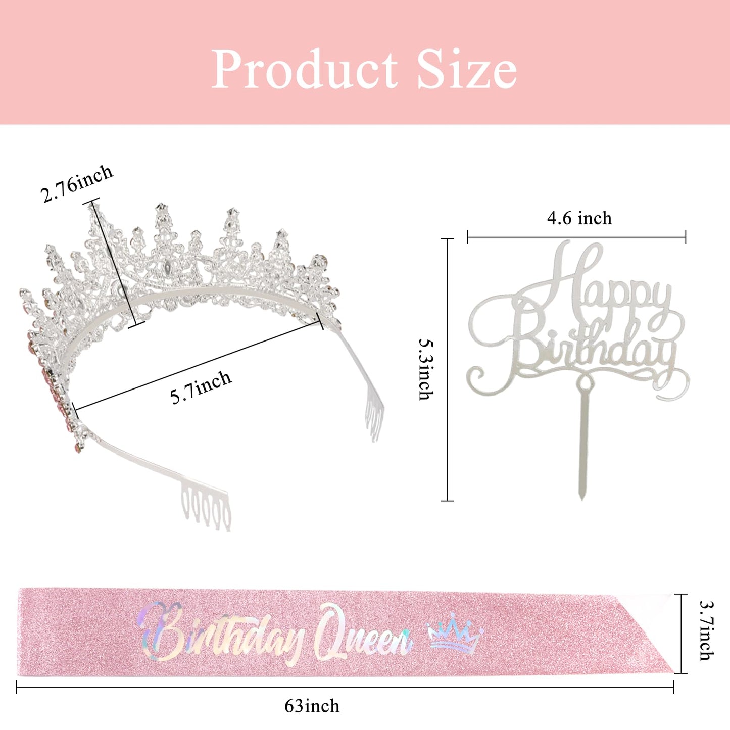 Canitor Birthday Queen Crown and Sash for Women Sparkling Rhinestone Tiara and Sashes for Girls Princess Bride Crown for Wedding Prom Halloween Cosplay Party Quinceanera (pink)