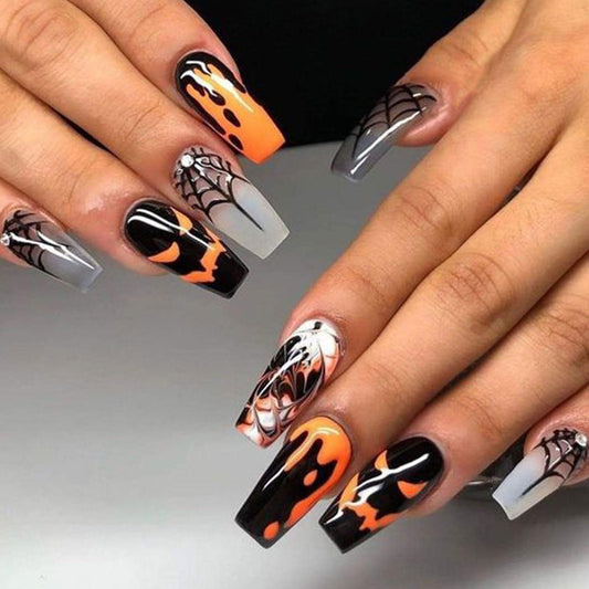 Halloween Press on Nails Medium Square Spider Web Ghost Face Fake Nails Glossy Glue on Nails Press ons Acrylic False Nails Full Cover Stick on Nails for Women Girls 24 Pcs