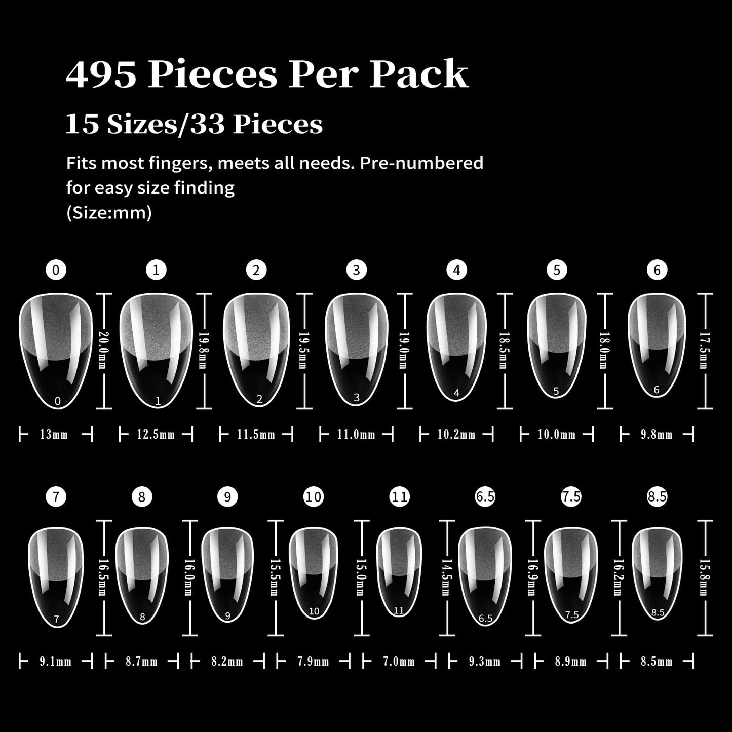 MIRAGE LAYON Short Almond Nail Tips, 495 PCS Pre-shape Full Cover Nail Extension Acrylic Nail Tips, 15 Sizes Soft Half Matte Gel Tips for DIY Salon at Home