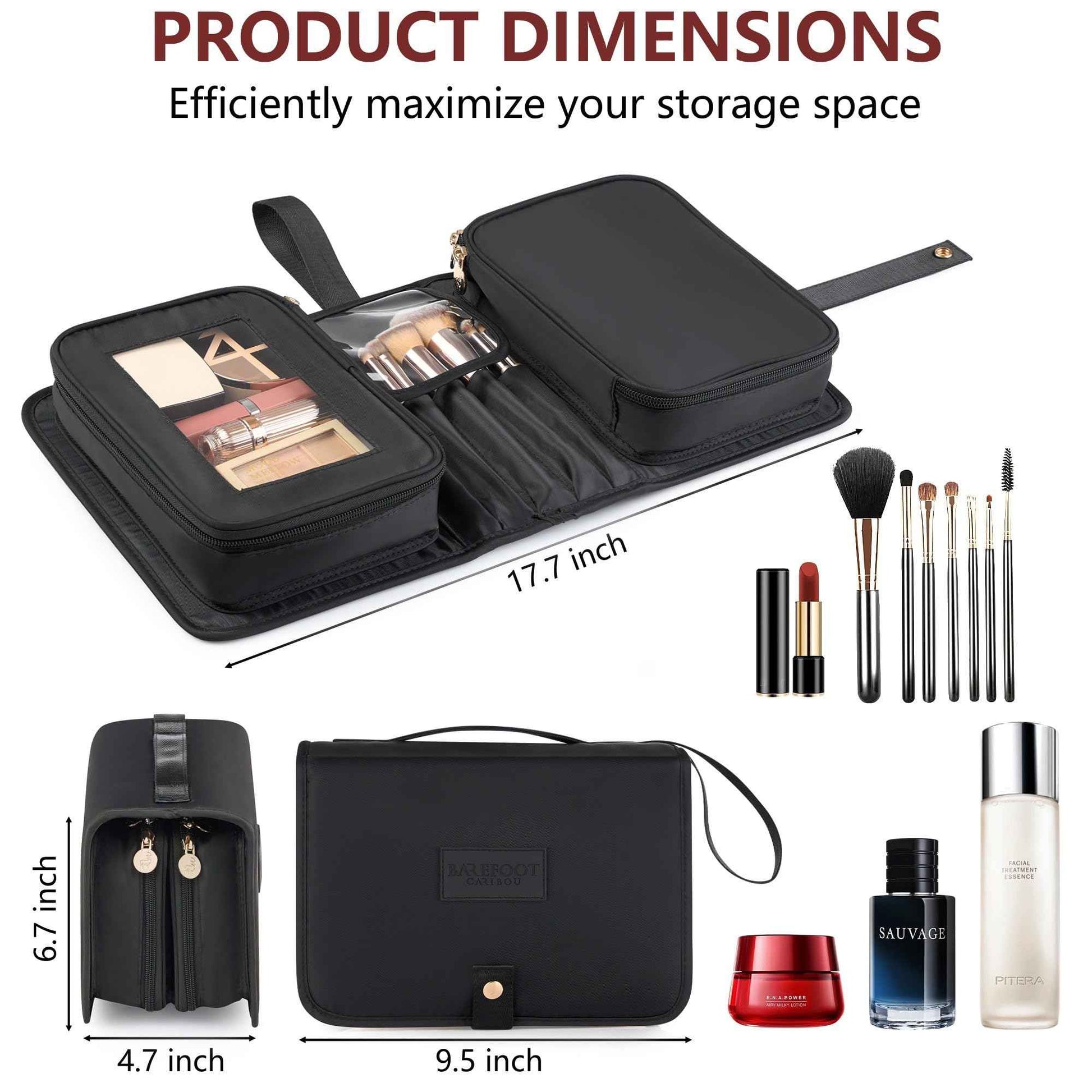 Travel Makeup Bag for Women for Cosmetics, Brushes, and Toiletries, Compact and Portable Makeup Organizer, Large Capacity Storage Cosmetic bag for Business, Vacation, or Weekend Traveling (Black)