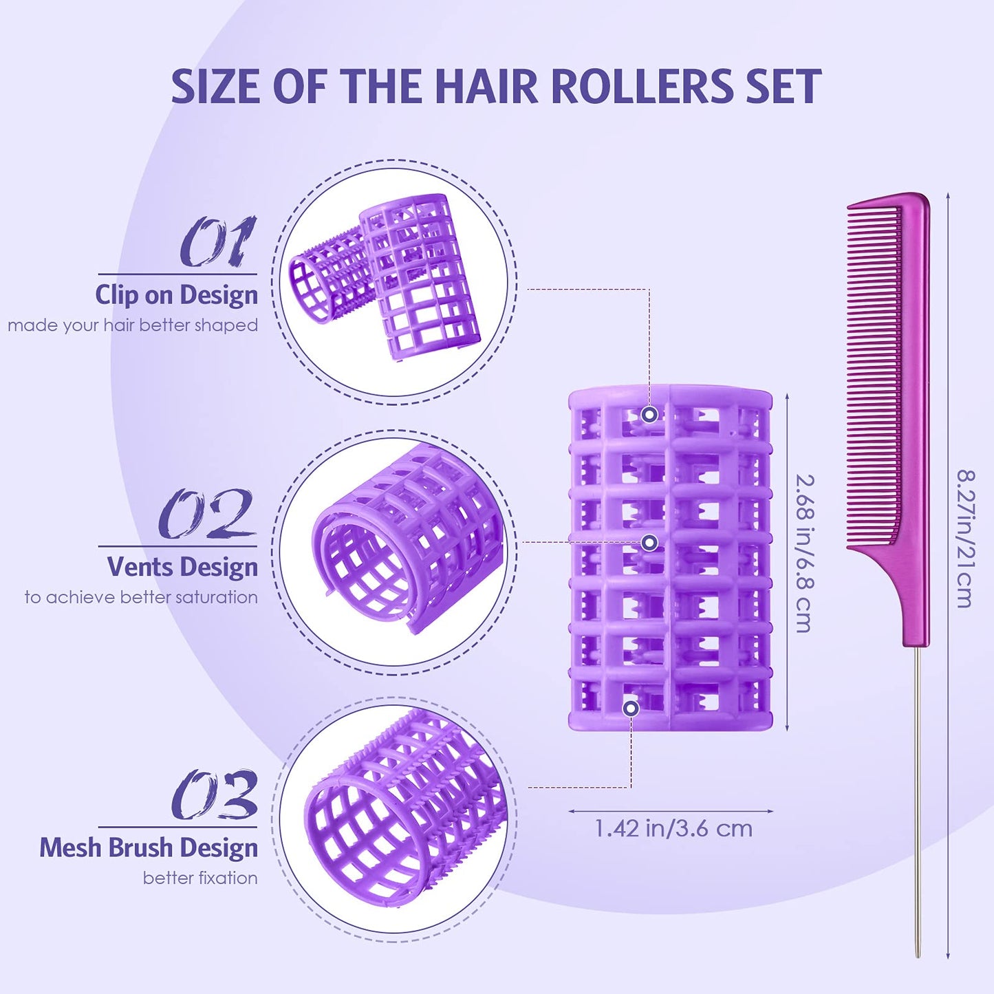 Syhood Hair Roller, 12 Pieces Large Size Purple Plastic Hair Rollers with Steel Pintail Comb for Short and Long Hair Hairdressing Styling Tools