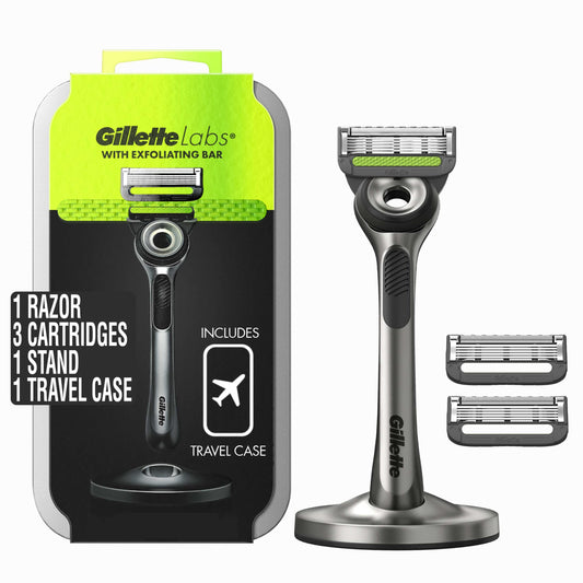 Gillette Labs with Exfoliating Bar by Gillette Mens Razor and Travel Case, Shaving Kit for Men, Storage on the Go, Includes Travel Case, 1 Handle, 3 Razor Blade Refills, and Premium Magnetic Stand