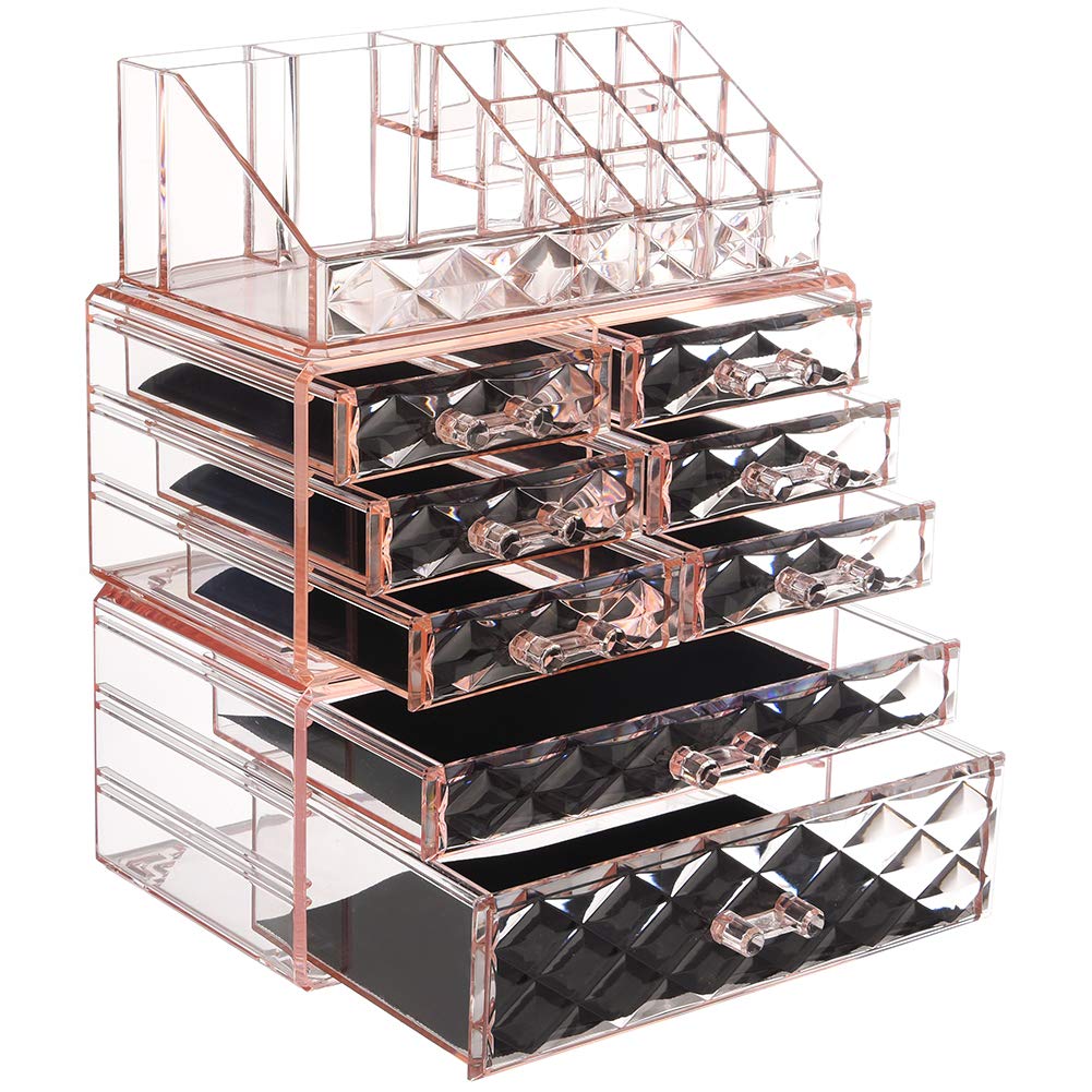 ZHIAI Makeup Organizer Acrylic Cosmetic Storage Drawers and Jewelry Display Box Transparent (Style C(Pink Diamond): 1 Top, 6 Small, 1 Large, 1 XLarge Drawers)