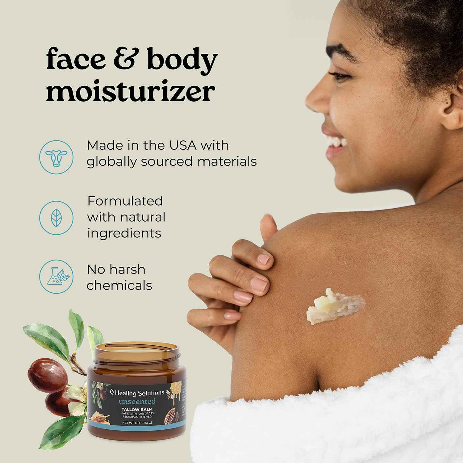 Healing Solutions - Beef Tallow and Honey Balm for Face (1.8oz), 100% Grass Fed/Grass Finished Beef Tallow with Manuka Honey for Skin, Made in USA, Unscented All Natural Moisturizing Skincare