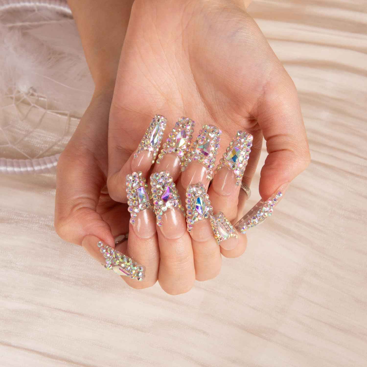 LOVFUL Press on Nails Angel's Tear Rhinestone | Handmade with Full Covered Crystals | Reusable Full Cover Nails | Coffin Classic Regular 1.3 in | H48-M