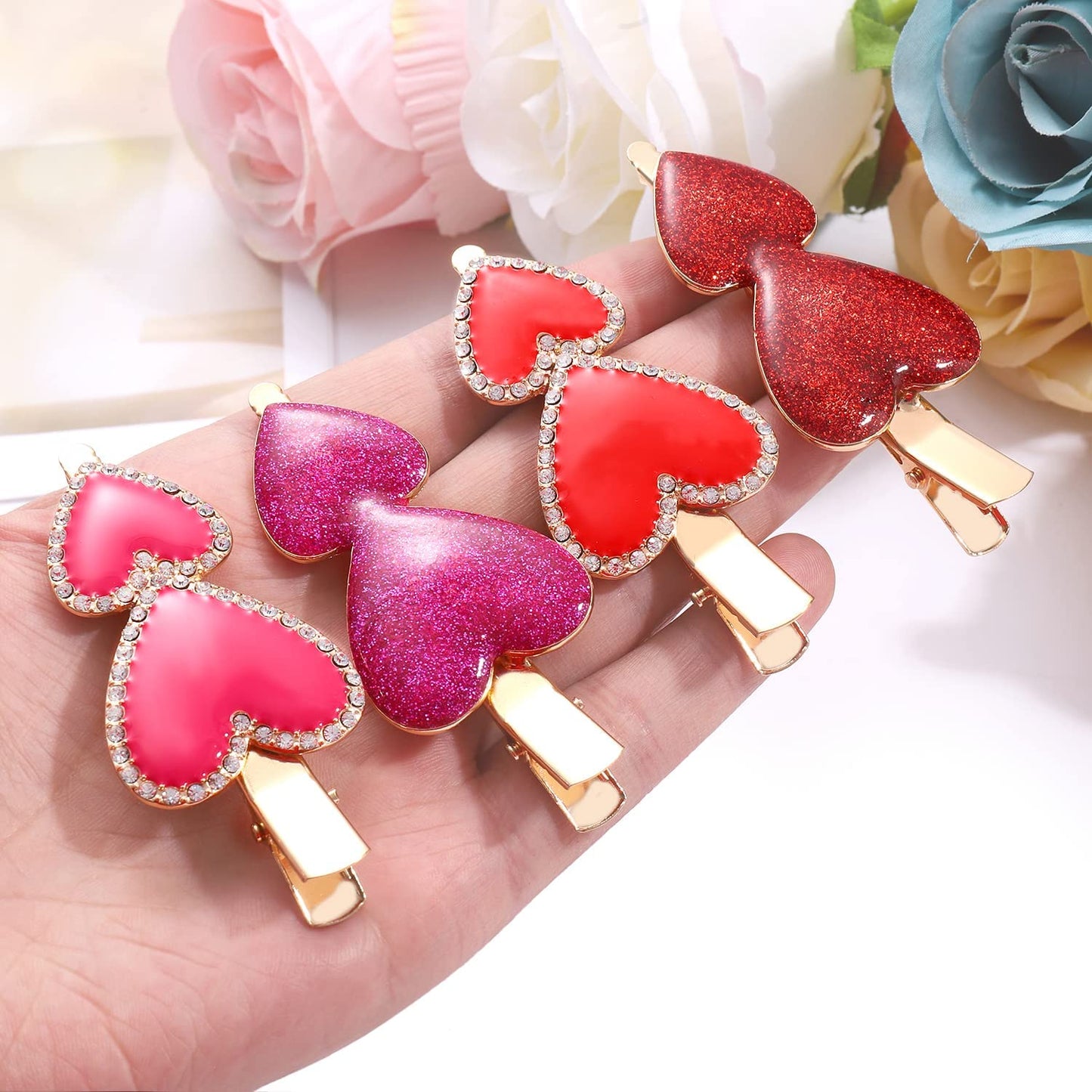 Valentine’s Day Heart Hair Clips Glitter Rhinestone Lovely Heart Hairpin Sparkly Enamel Double Heart Alligator Barrette for Woman Girl Headwear Accessories Valentine's Gift