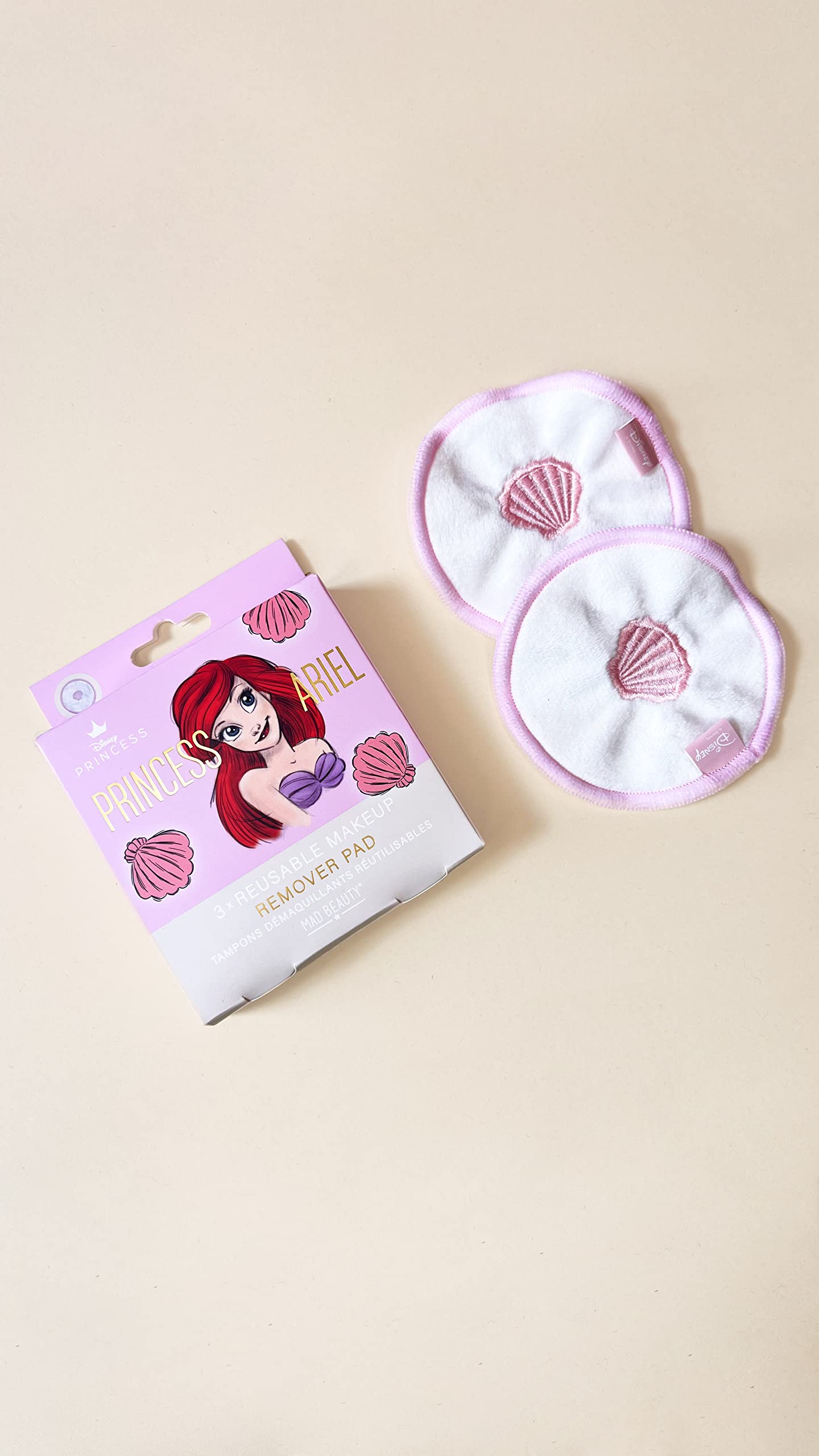 MAD BEAUTY Disney Pure Princess Ariel Reusable Make-Up Remover Pads (3-Pack), Pink Shell Design Cotton, Cleanse Away Make-Up & Impurities from Skin, Self-Care Routine, The Little Mermaid