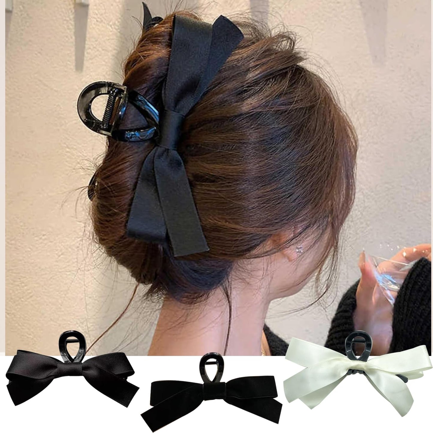 Bow Hair Claw Clip for Women,Bow-knot Hair Claw Clips Barrettes for Thick Thin Hair,Hair Accessories for Women Girls (black Satin)