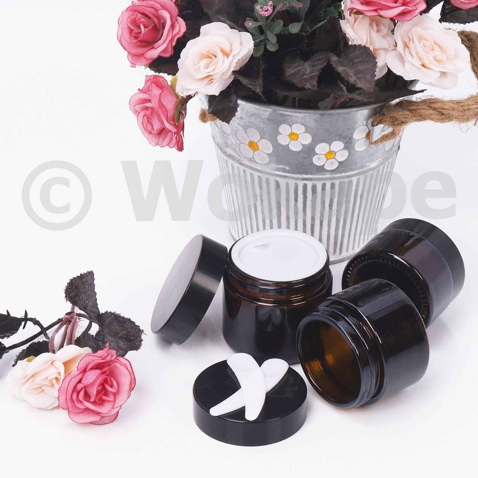 Wokape 20Pcs 5ml Round Glass Jars with Liner Lids Spoons, 0.17oz Amber Refillable Cosmetic Storage Jars for Cream Lotion Liquid Powder