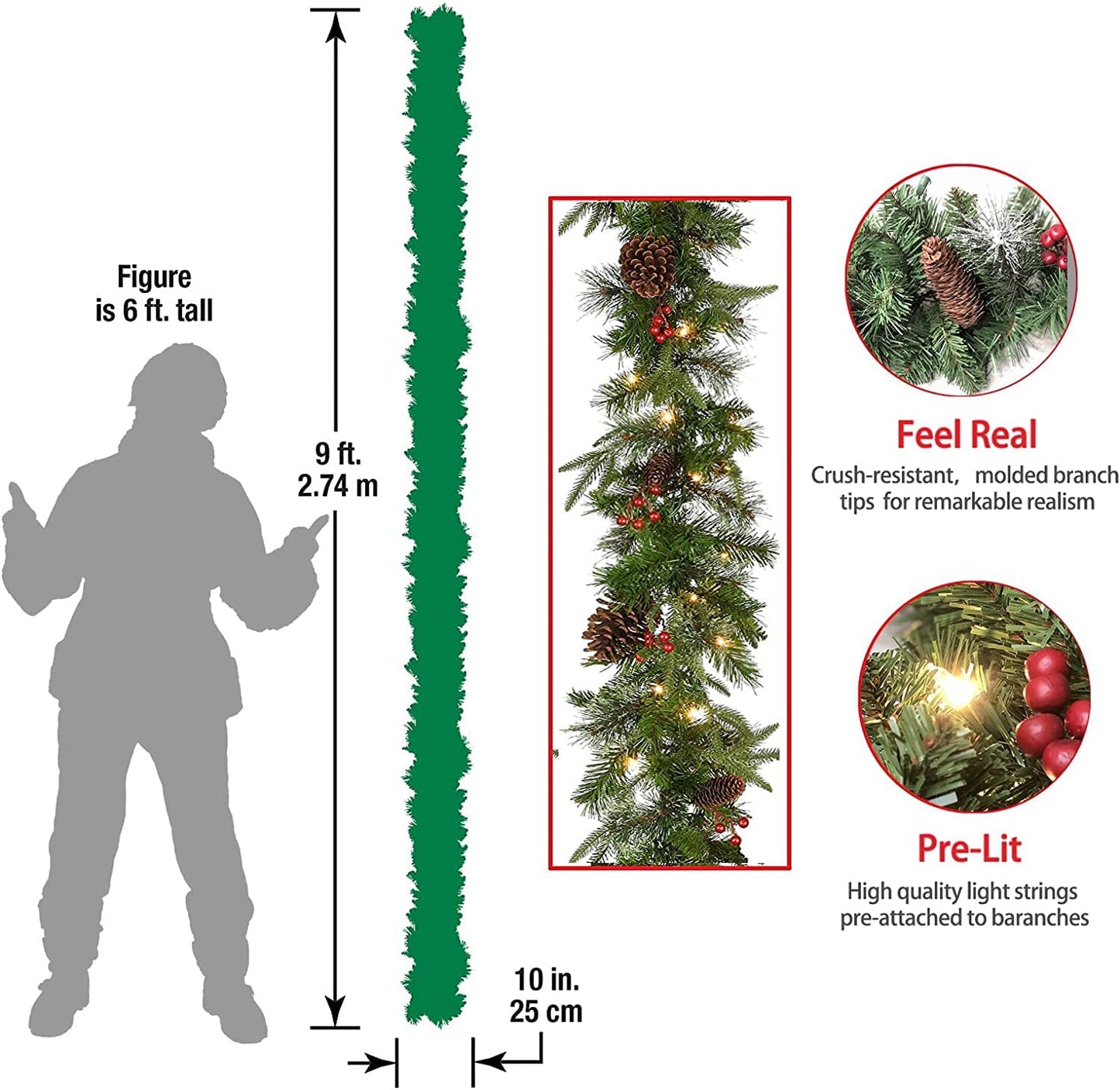 Pre-Lit Artificial Christmas Garland, Green, White Lights 50, Decorated with Pine Cones, Berry Clusters, Plug in, Christmas Decorations, 9 Feet