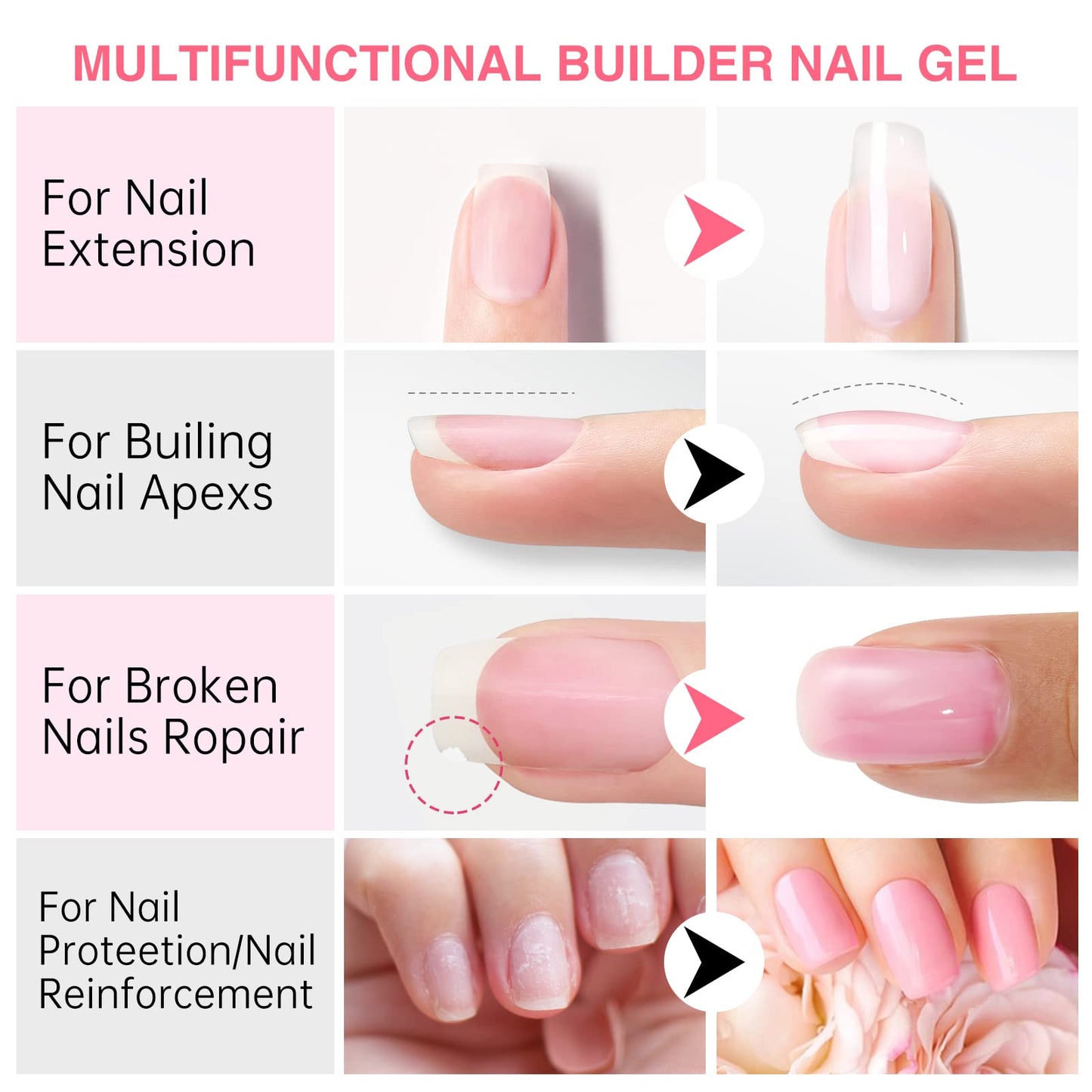 Builder Gel, 5 in 1 Builder Gel for Nails Quick Building Nail Strengthener Gel Professional Nail Repair Supplies Builder Nail Gel 15ml(pink)