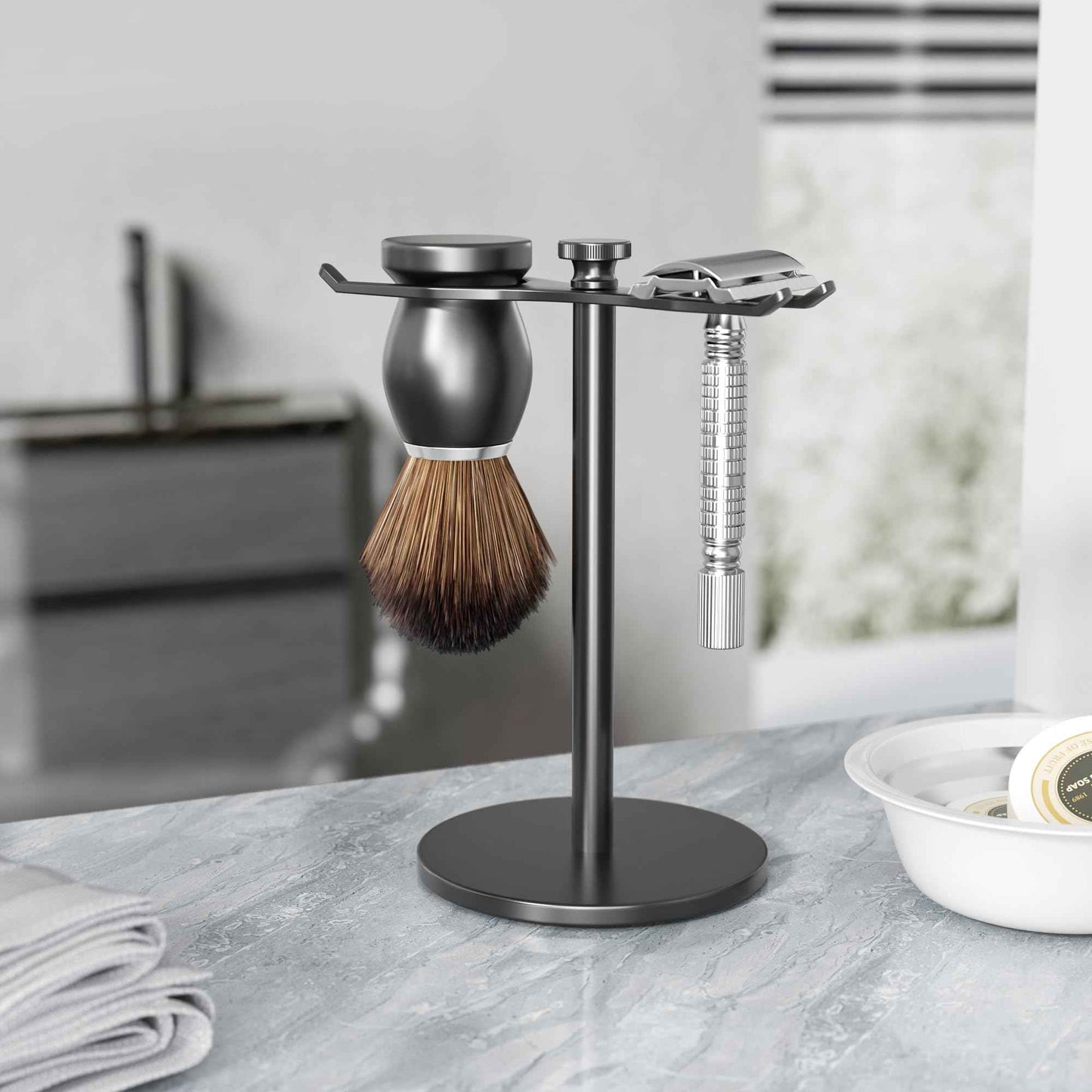 pickpiff Safety Razor Stand With Brush Holder, Black Heavy Duty Metal Shaving Holder for Men, Extra Wide Openings, Fits Most Brushes and All Kinds Of Razors