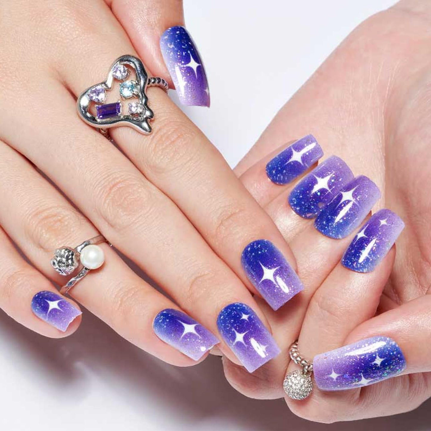 GLAMERMAID Glitter Press on Nails Medium Square, Blue Purple Ombre Jelly Soft Gel Fake Nails Short Square, Flash Star Galaxy Glue on Nails Glitter, Shrimmer Gloss Stick on False Nails Kit for Women