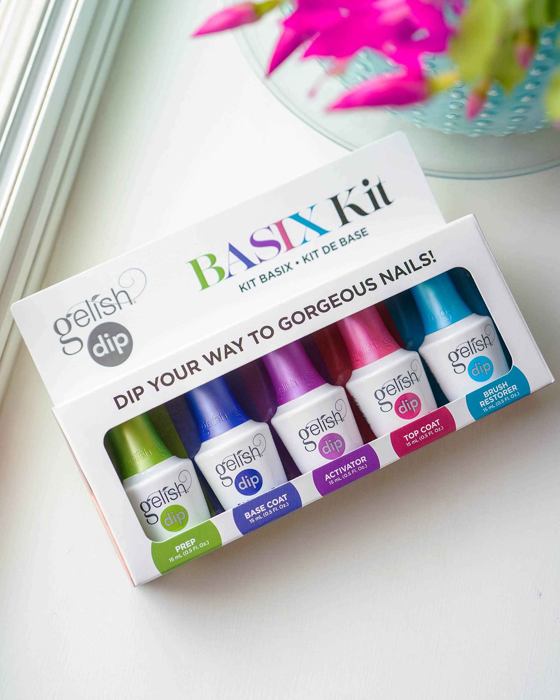 Gelish Dip Basix Kit – Prep, Base Coat, Activator, Top Coat & Brush Restorer – Easy, Odor-Free, No UV or LED Lamp Required for Long-Lasting, Salon-Quality Dip Powder Nails at Home.