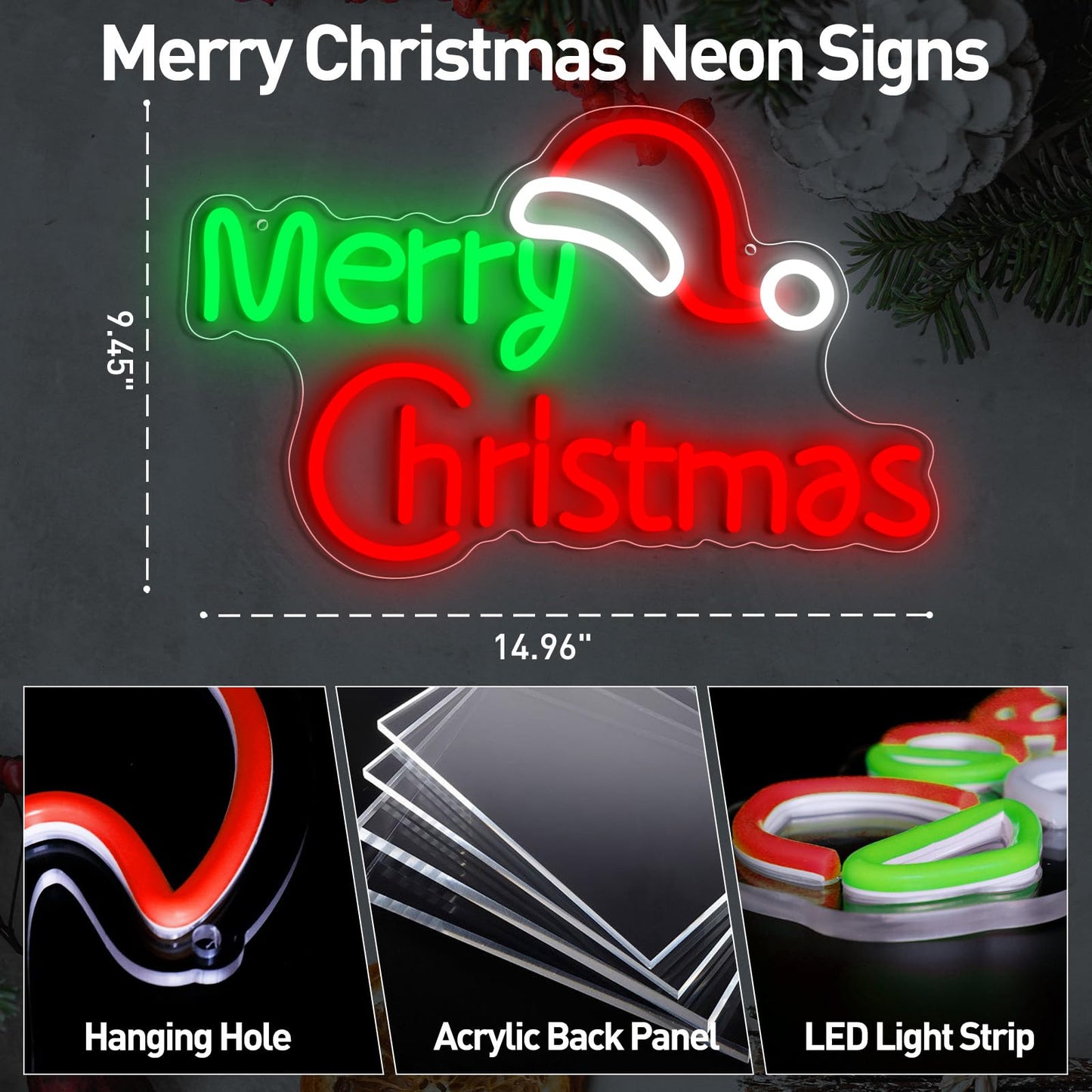 Merry Christmas Neon Signs, Dimmable Merry Christmas LED Light Sign For Holiday Party Home Bar Decoration, USB Powerd Christmas Neon Light For Wall Decor Festival Celebration 14.96" × 9.45"